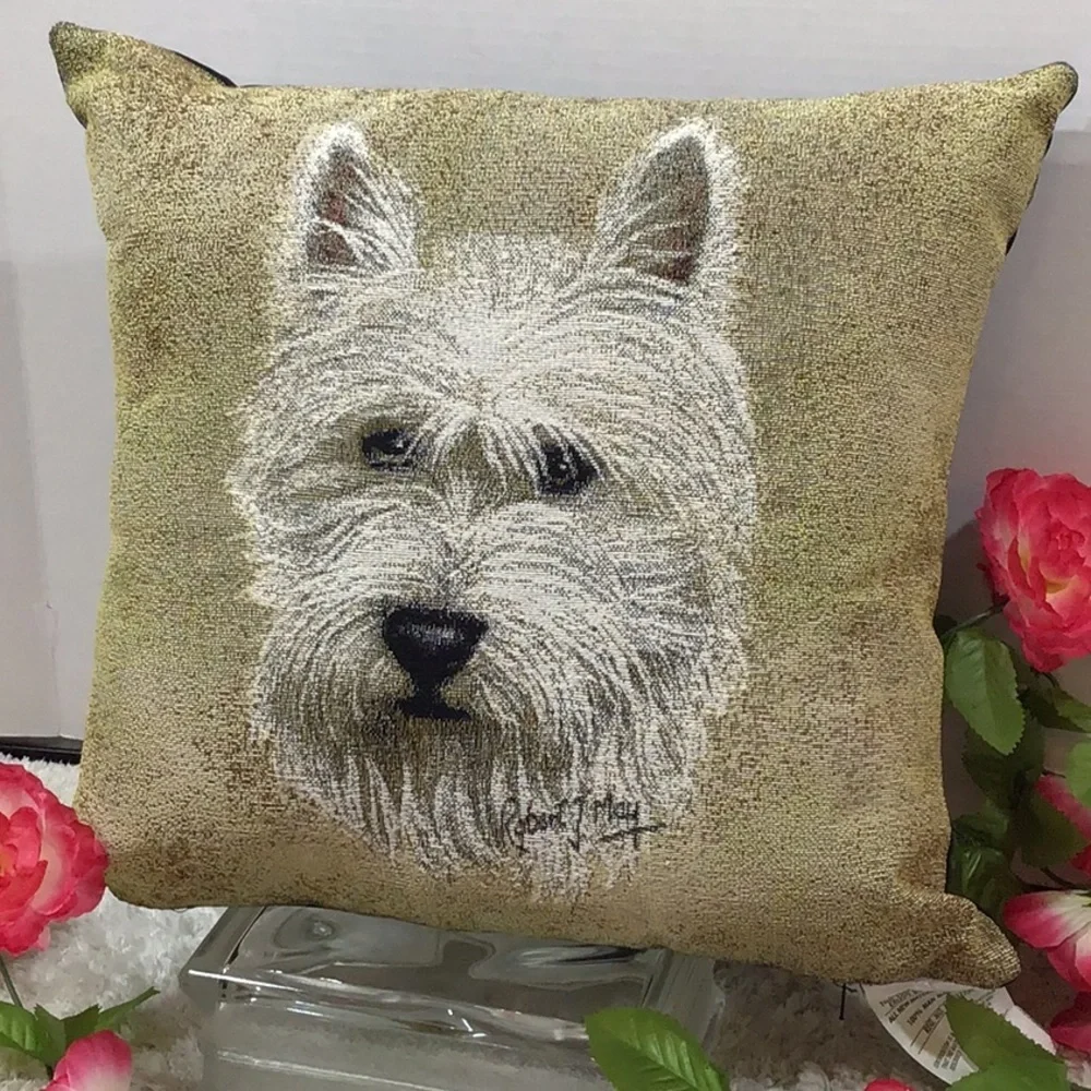 Robert May white terrier woven pillow